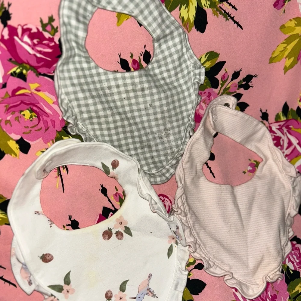 Carters humming bird strawberry baby bibs set of 3 gingham pink ruffle trim p/o